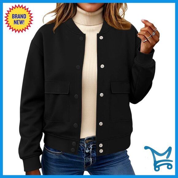 Cropped Bomber Jacket with Snap Buttons and Pockets for Women